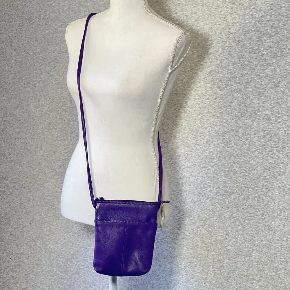 ILI NY Crossbody Bag Purple‎ Pebbled Leather Leopard Lining 8
